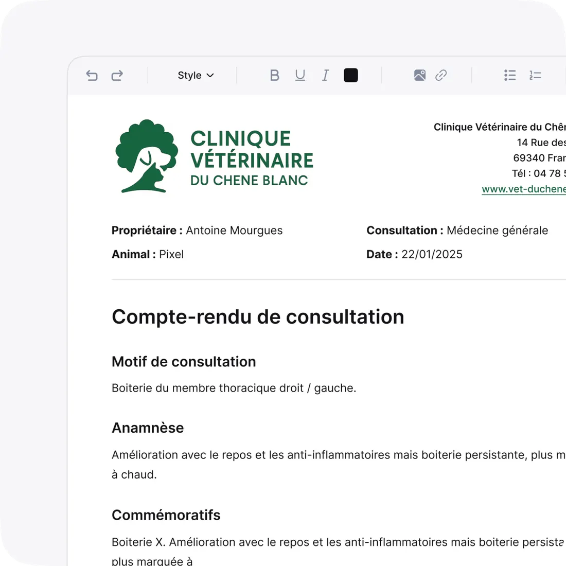 Personnalisation de l'en-tête et du pied de page des comptes rendus vétérinaires Vetomatic