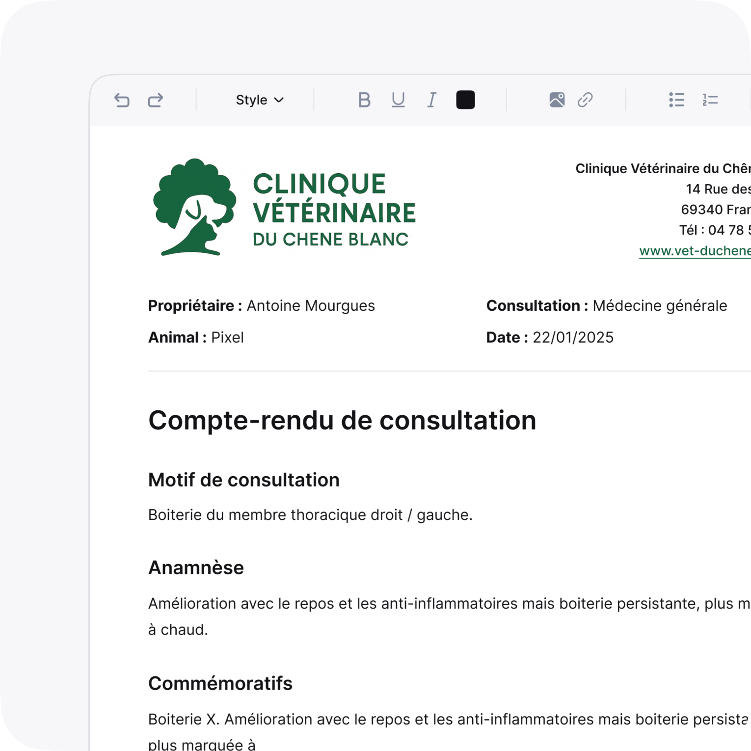 Personnalisation de l'en-tête et du pied de page des comptes rendus vétérinaires Vetomatic