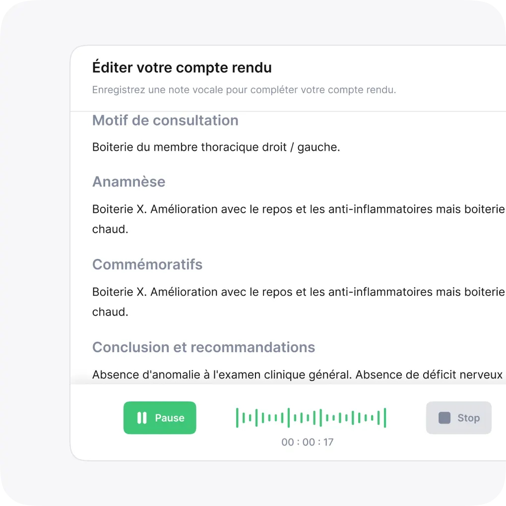 Modification vocale d'un compte rendu vétérinaire dans l'éditeur Vetomatic