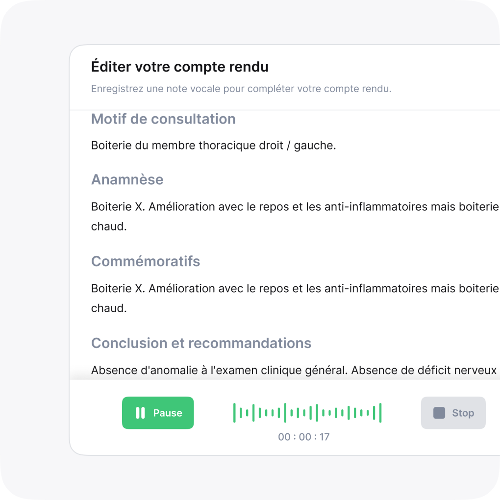 Modification vocale d'un compte rendu vétérinaire dans l'éditeur Vetomatic