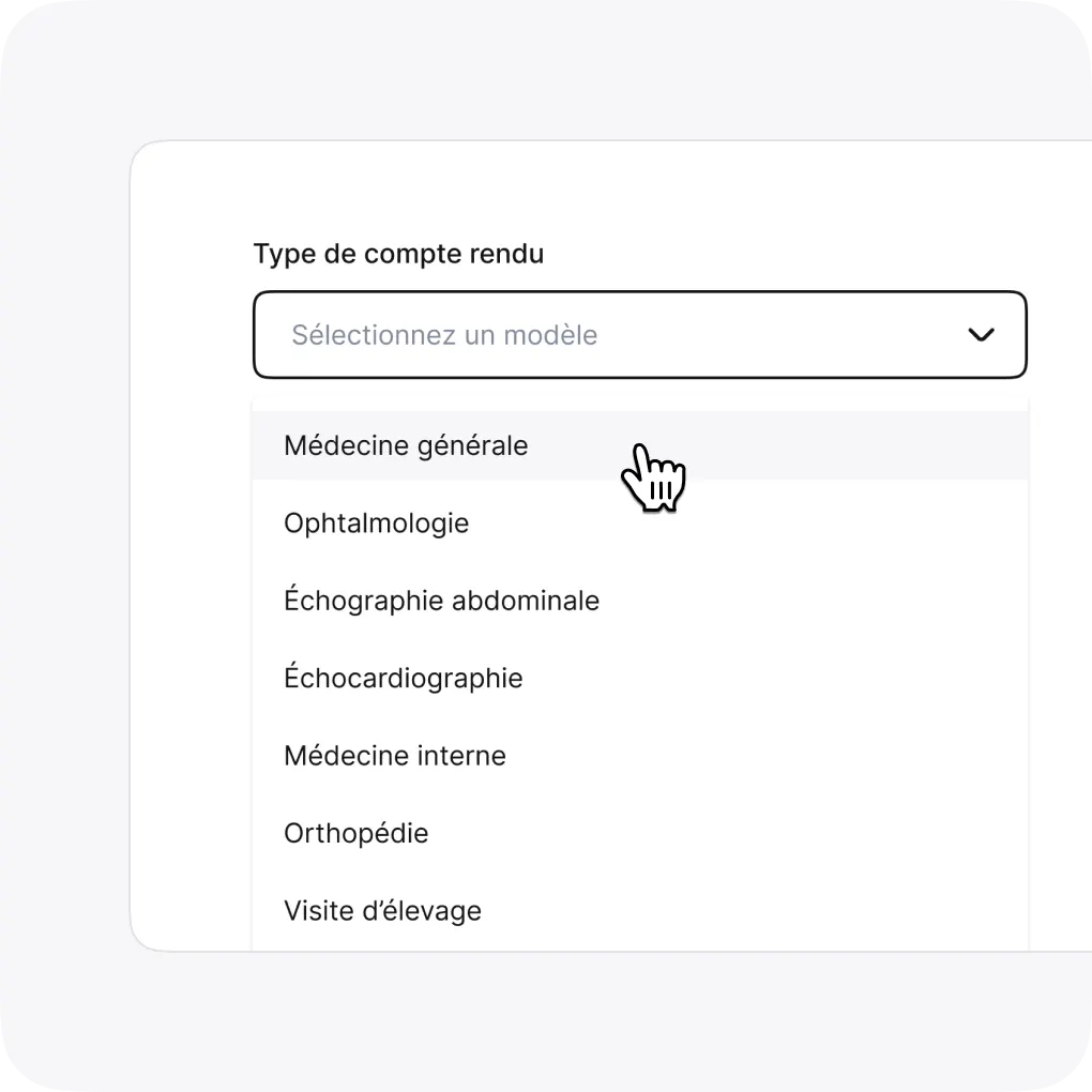 Interface de sélection des trames de comptes rendus vétérinaires personnalisées dans Vetomatic
