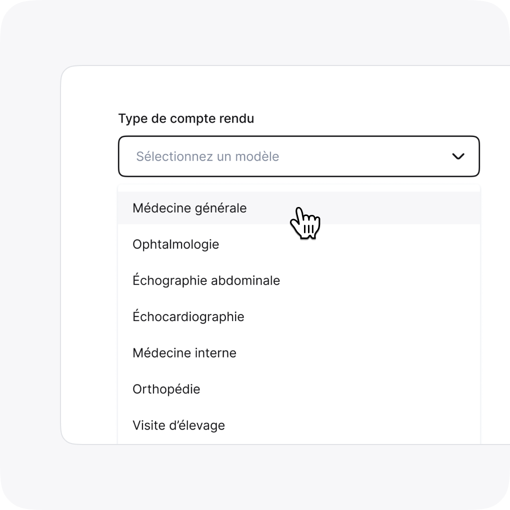 Interface de sélection des trames de comptes rendus vétérinaires personnalisées dans Vetomatic